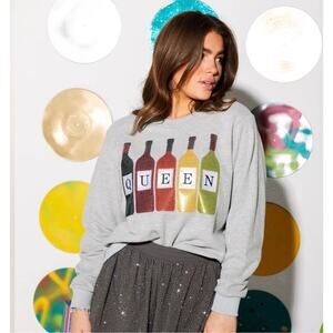 Queen of Sparkle Sequin Wine Bottles Grey Sweatshirt Small Cozy Statement Piece